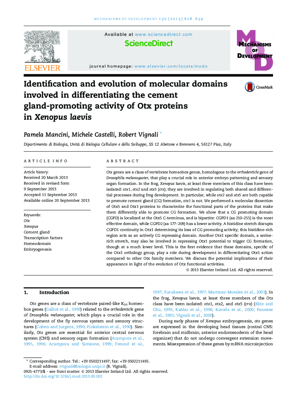 Identification and evolution of molecular domains involved in differentiating the cement gland-promoting activity of Otx proteins in Xenopus laevis