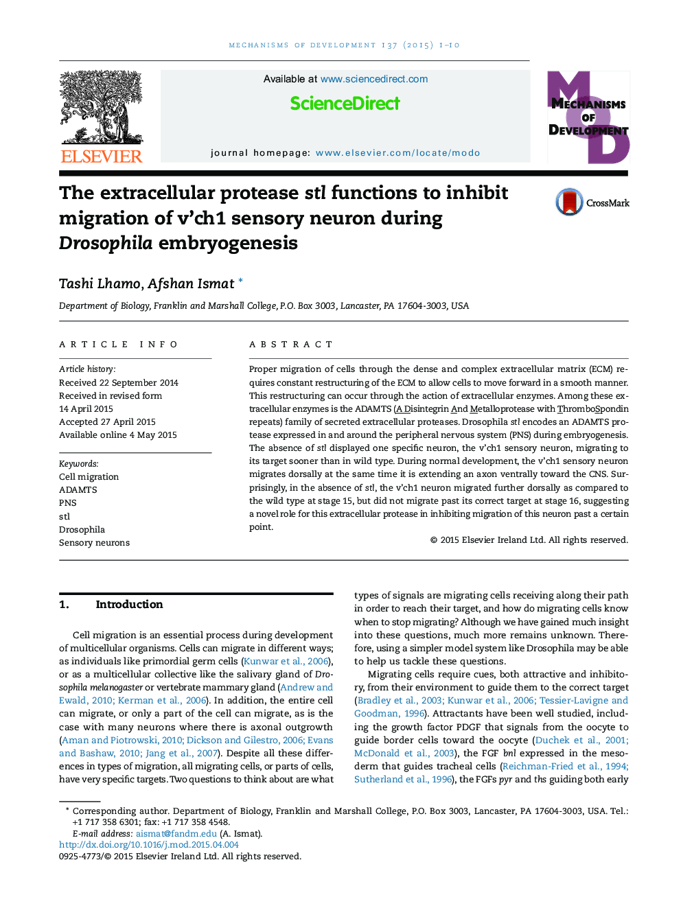 The extracellular protease stl functions to inhibit migration of v'ch1 sensory neuron during Drosophila embryogenesis