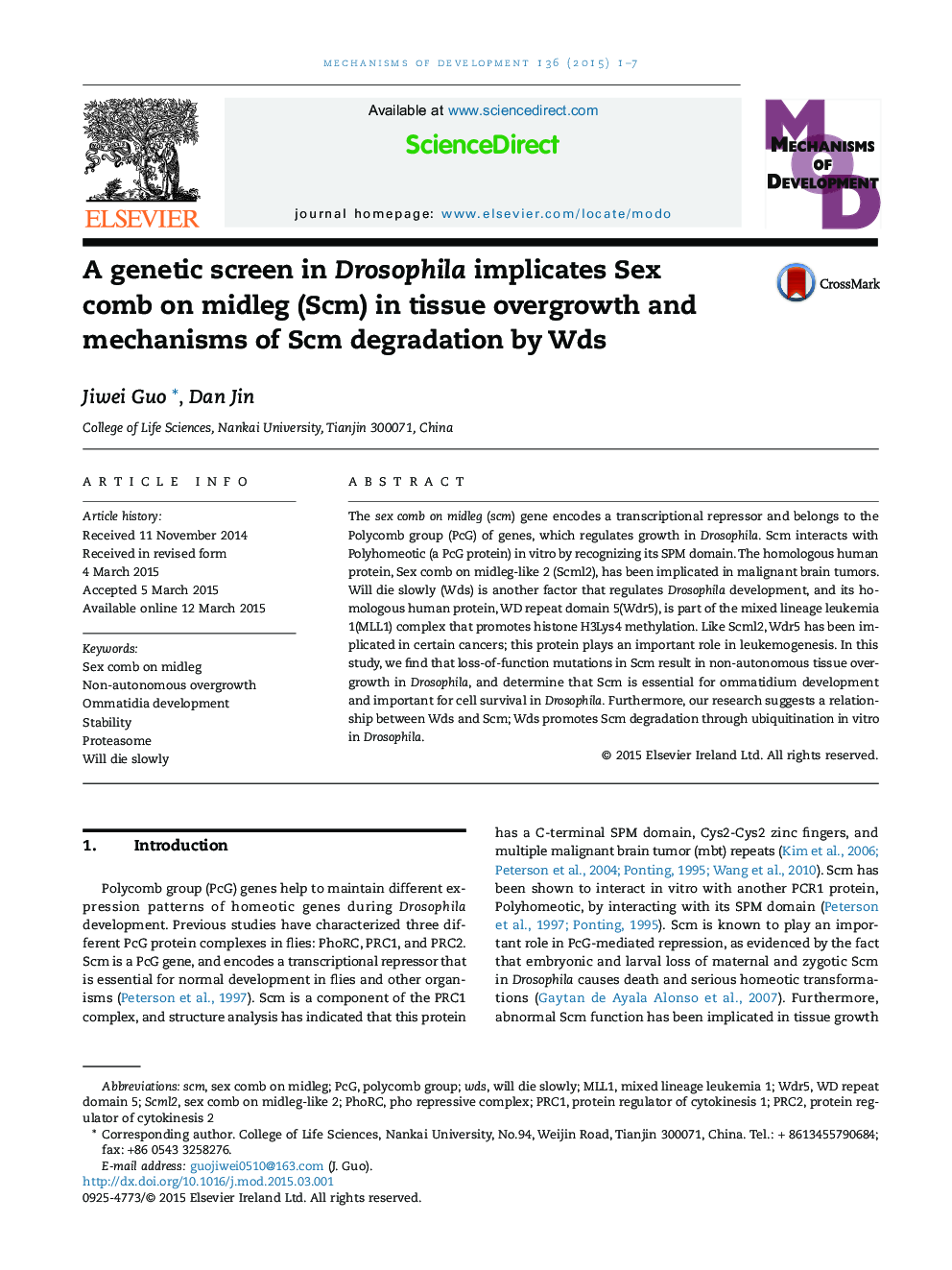 A genetic screen in Drosophila implicates Sex comb on midleg (Scm) in tissue overgrowth and mechanisms of Scm degradation by Wds