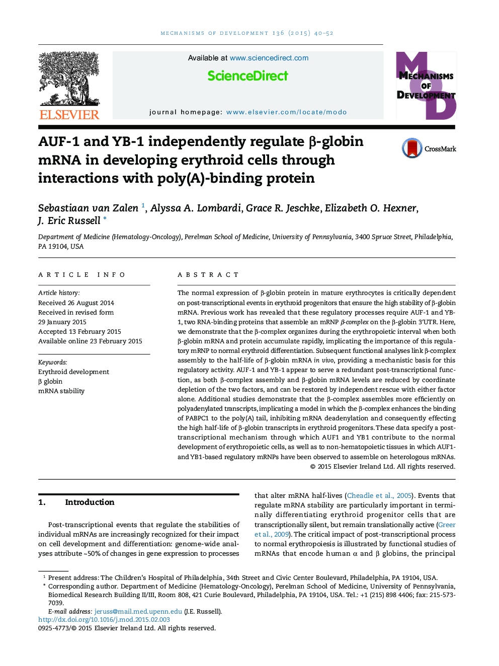 AUF-1 and YB-1 independently regulate β-globin mRNA in developing erythroid cells through interactions with poly(A)-binding protein