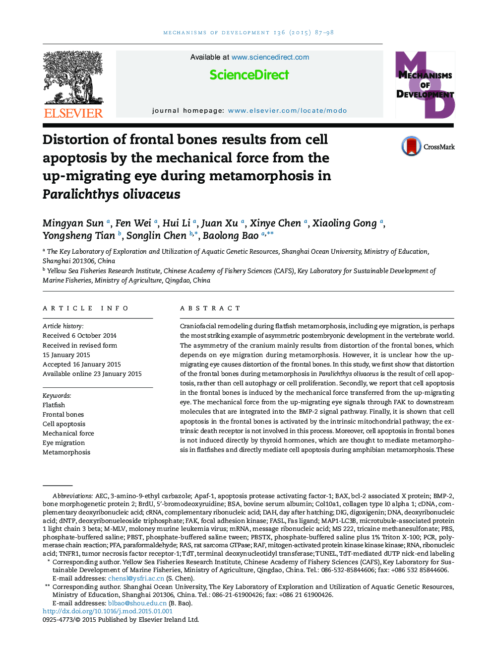 Distortion of frontal bones results from cell apoptosis by the mechanical force from the up-migrating eye during metamorphosis in Paralichthys olivaceus