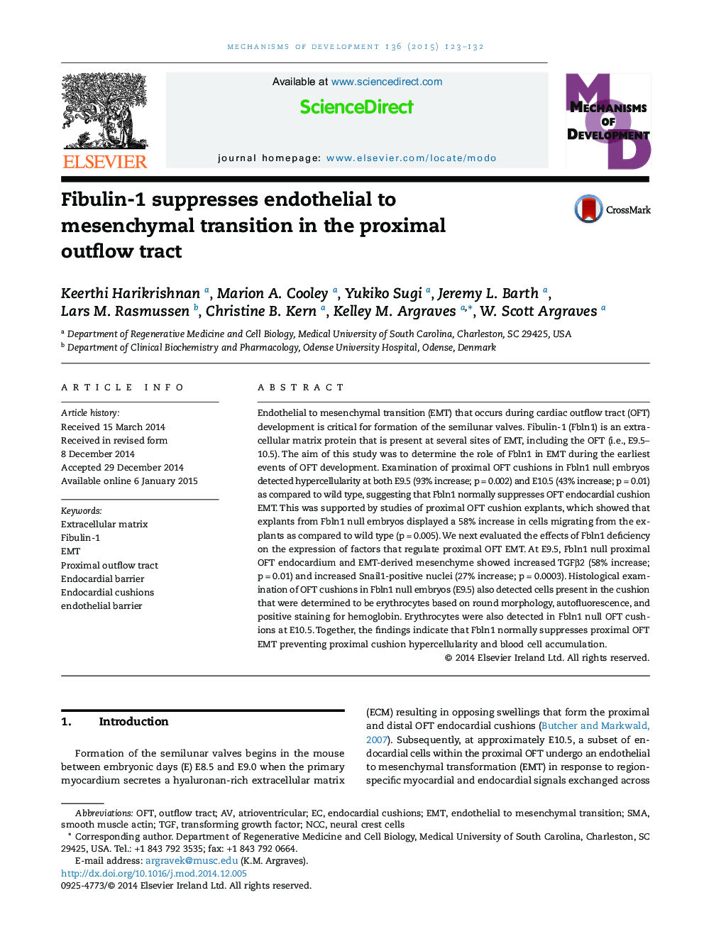 Fibulin-1 suppresses endothelial to mesenchymal transition in the proximal outflow tract