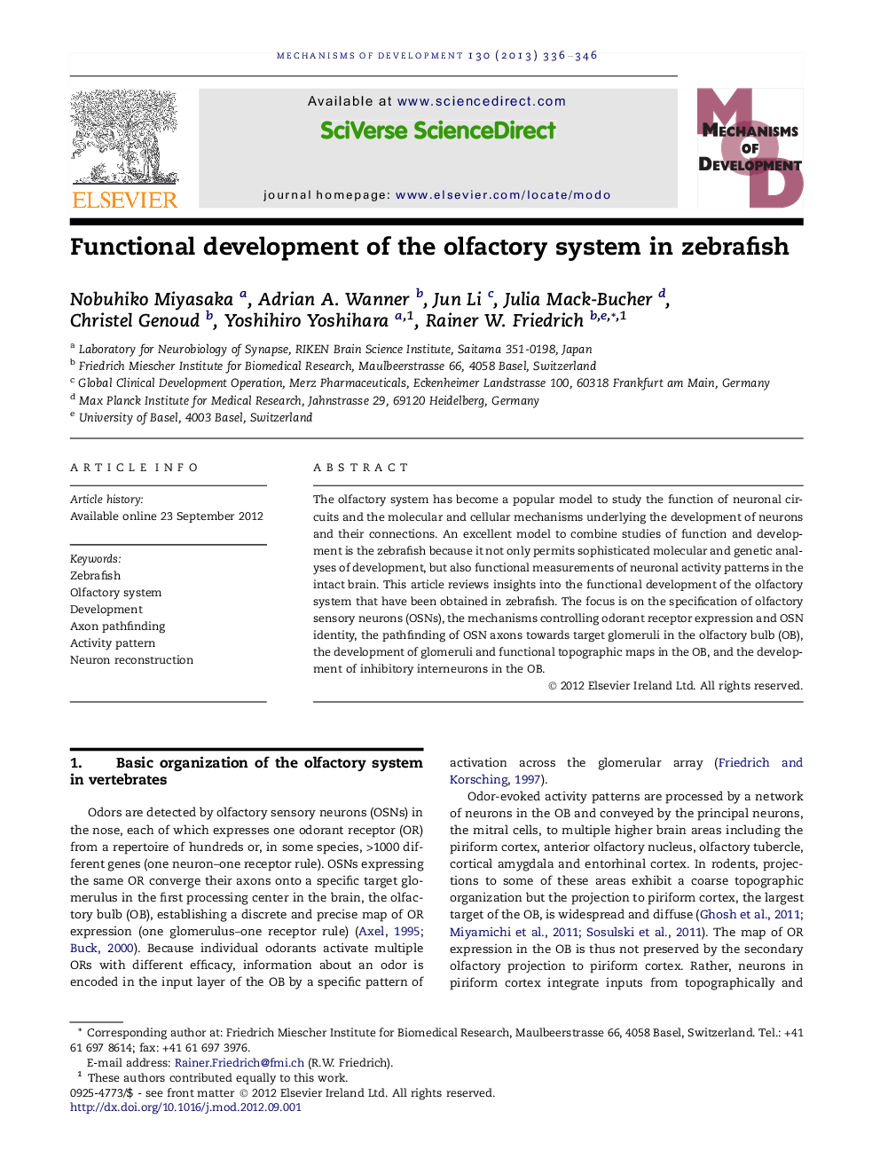 Functional development of the olfactory system in zebrafish