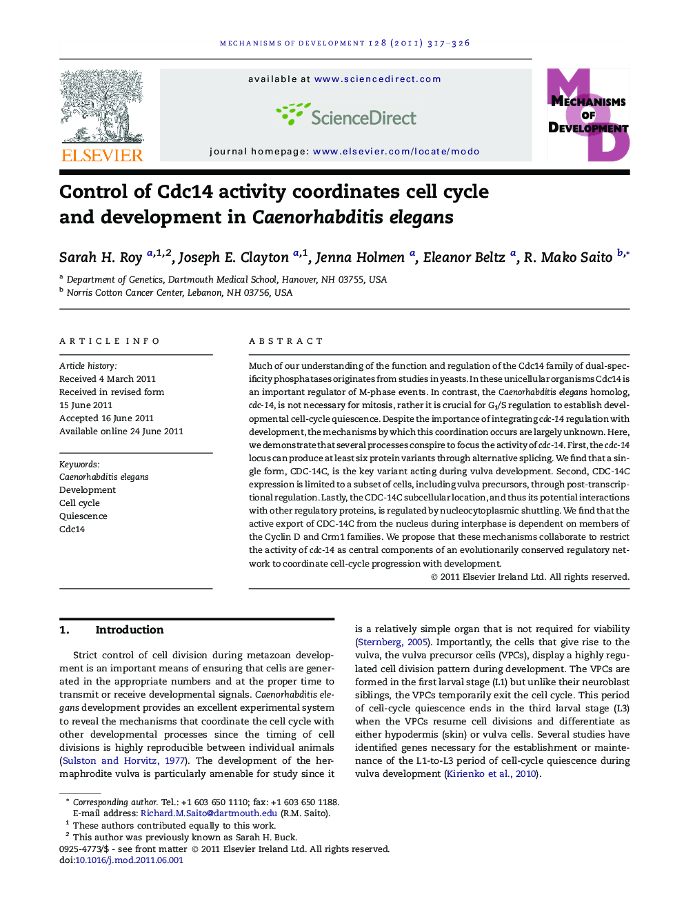 Control of Cdc14 activity coordinates cell cycle and development in Caenorhabditis elegans