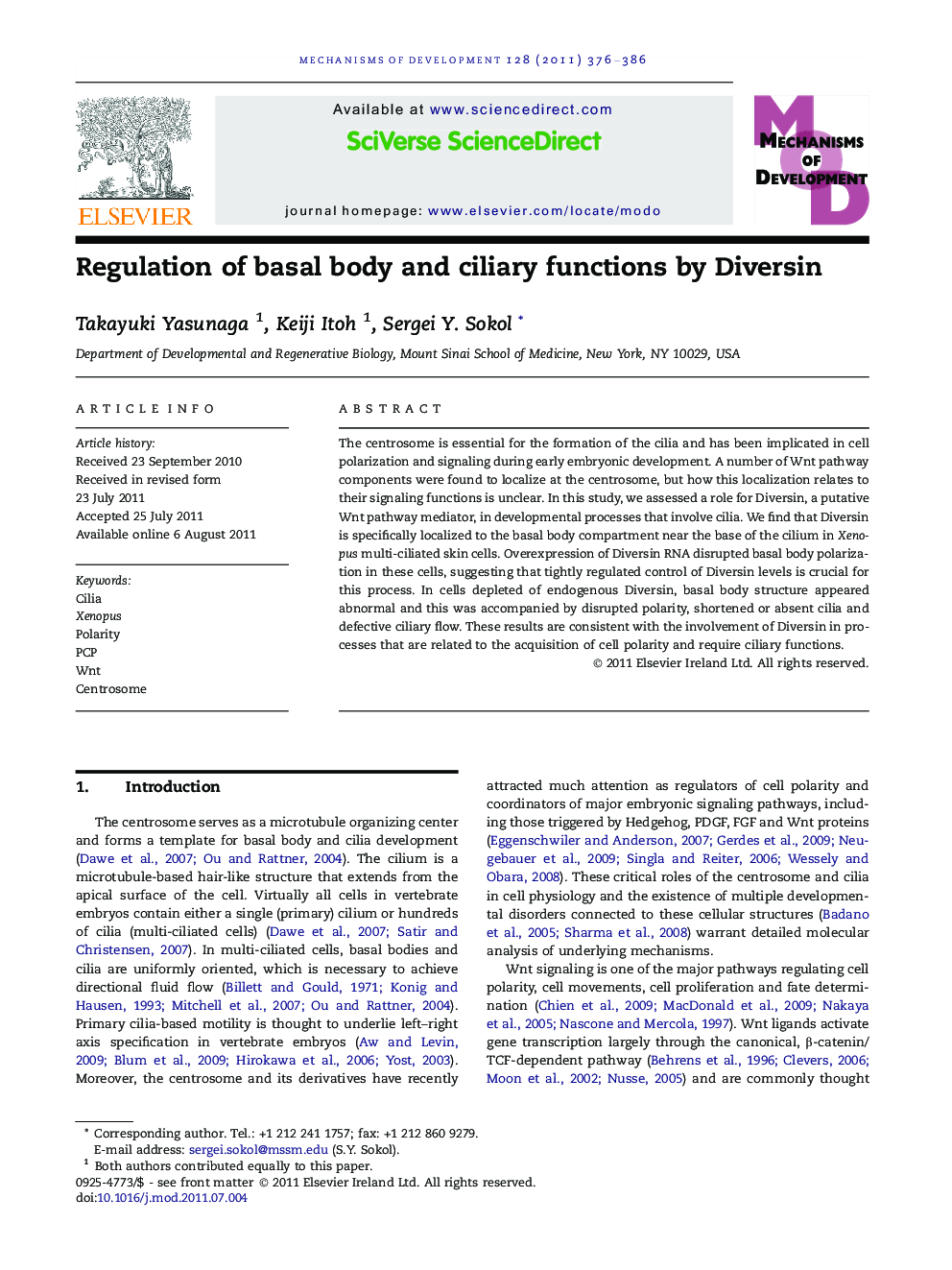 Regulation of basal body and ciliary functions by Diversin