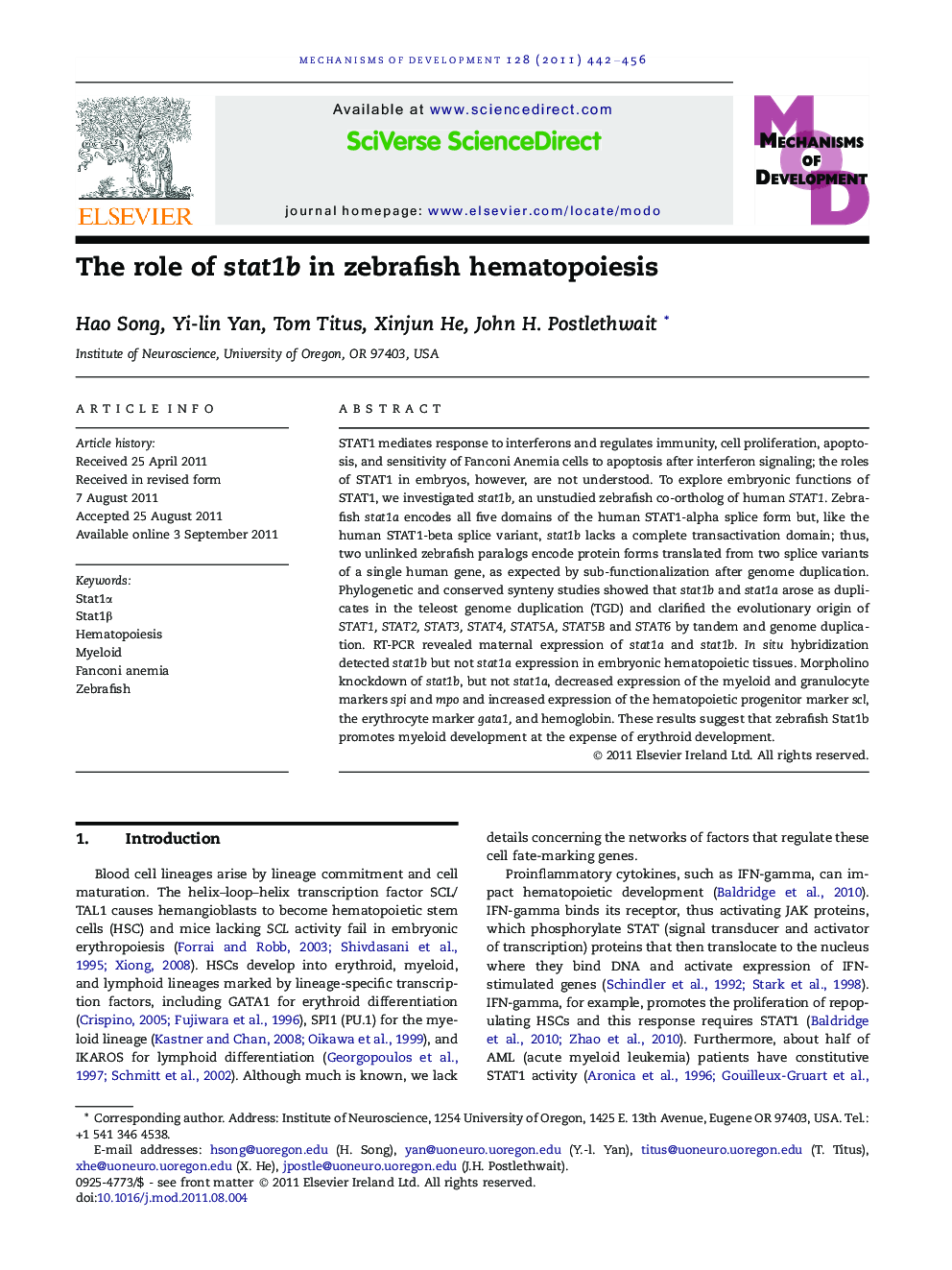 The role of stat1b in zebrafish hematopoiesis