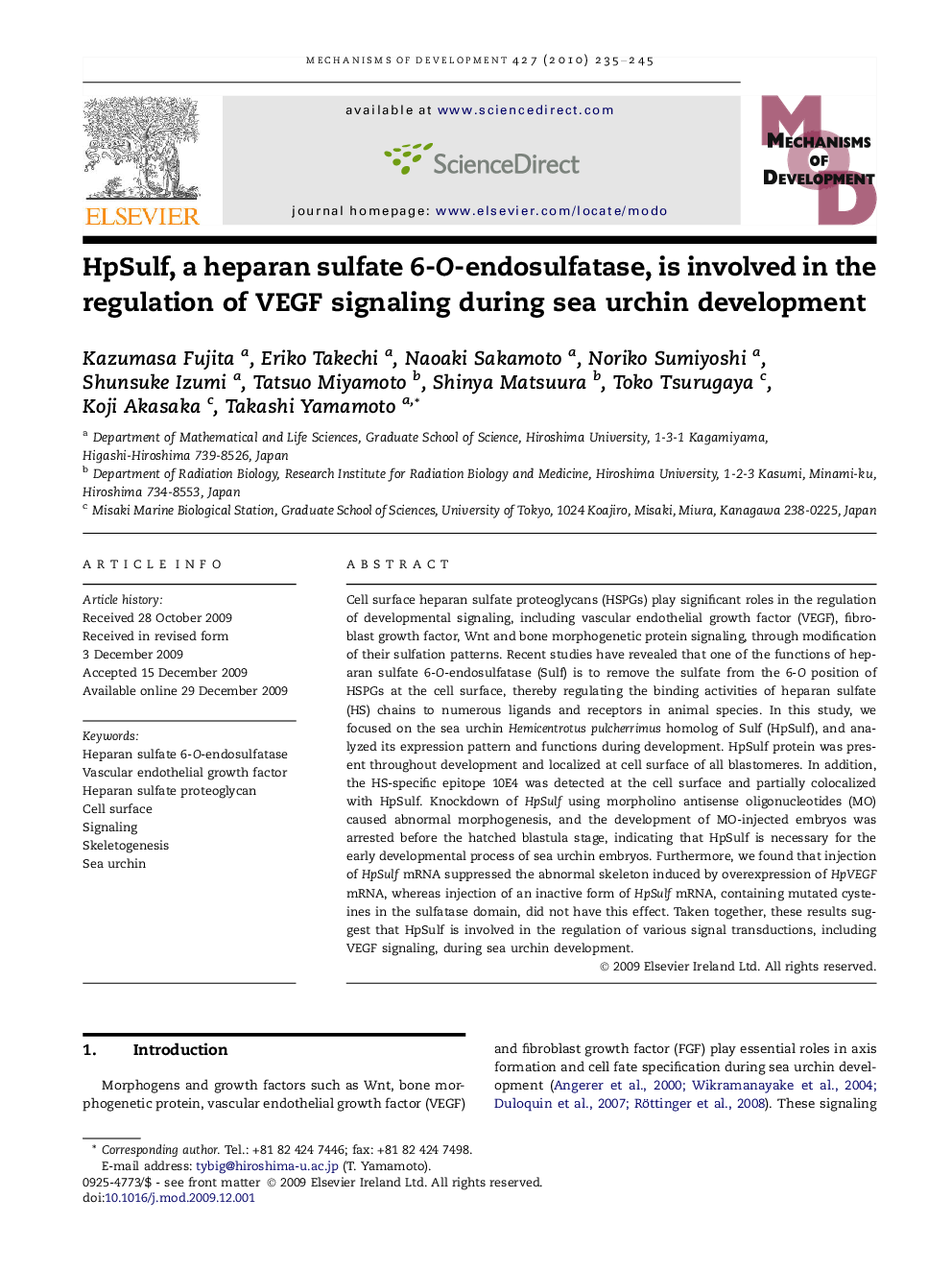 HpSulf, a heparan sulfate 6-O-endosulfatase, is involved in the regulation of VEGF signaling during sea urchin development