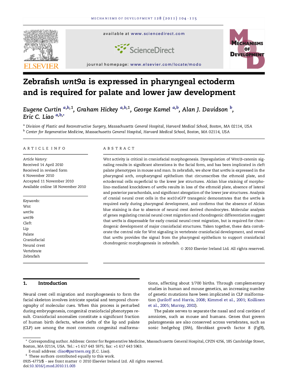 Zebrafish wnt9a is expressed in pharyngeal ectoderm and is required for palate and lower jaw development