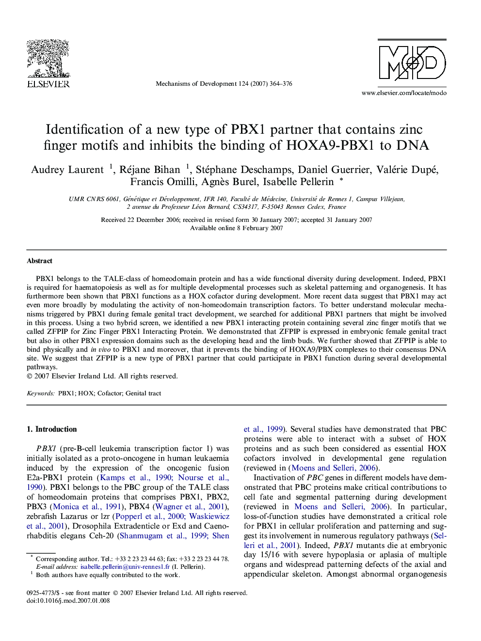 Identification of a new type of PBX1 partner that contains zinc finger motifs and inhibits the binding of HOXA9-PBX1 to DNA
