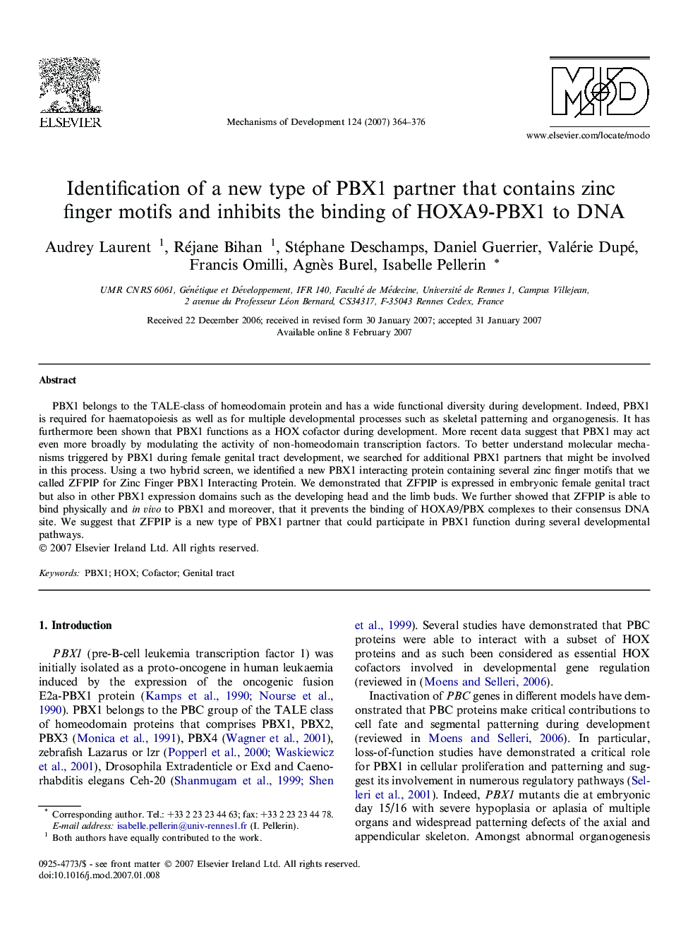 عکس صفحه اول مقاله: Identification of a new type of PBX1 partner that contains zinc finger motifs and inhibits the binding of HOXA9-PBX1 to DNA Identification of a new type of PBX1 partner that contains zinc finger motifs and inhibits the binding of HOXA9-PBX1 to DNA