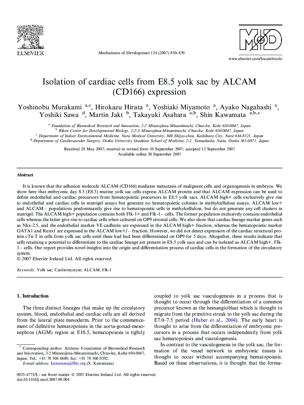 Isolation of cardiac cells from E8.5 yolk sac by ALCAM (CD166) expression