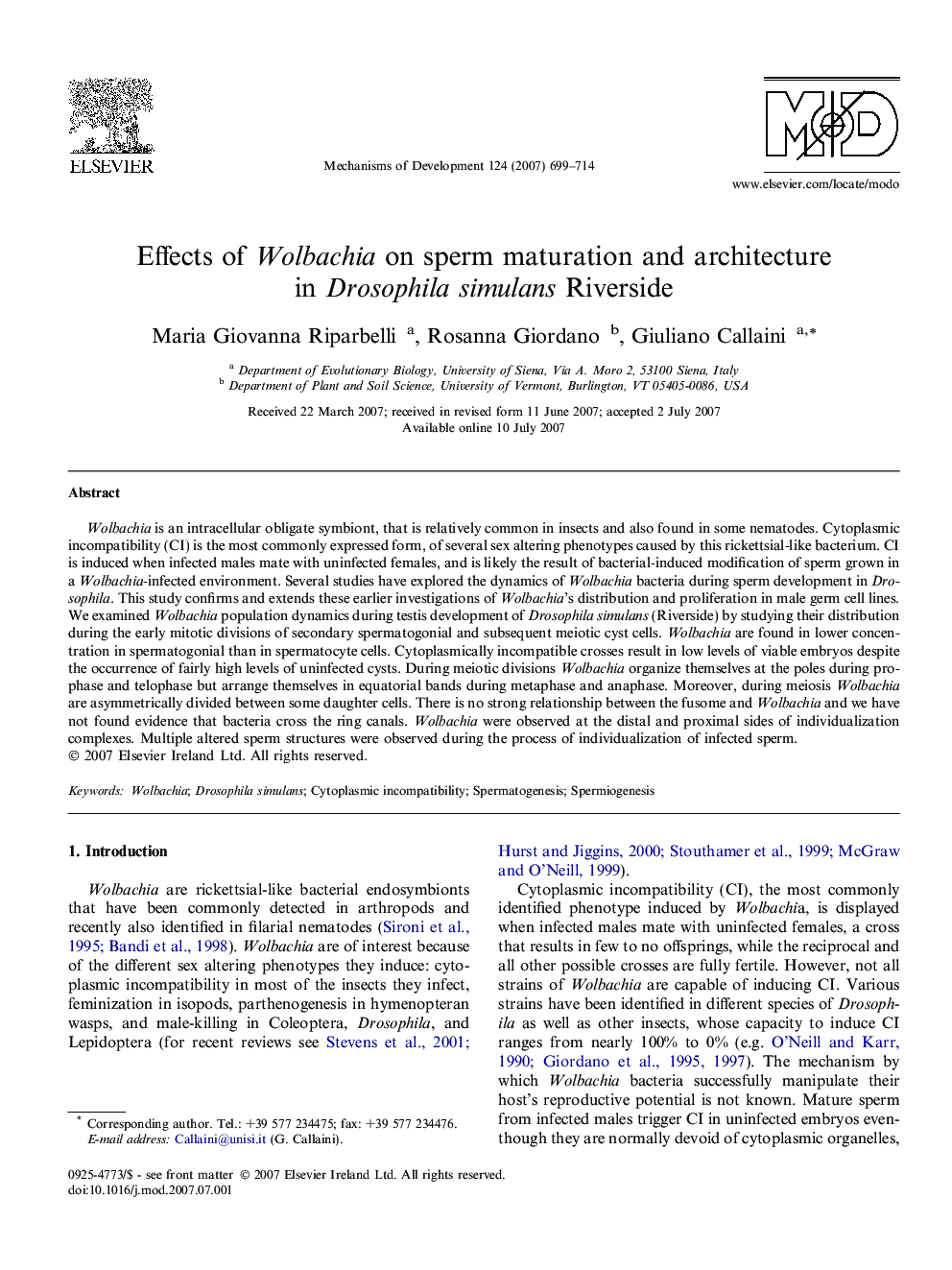 Effects of Wolbachia on sperm maturation and architecture in Drosophila simulans Riverside