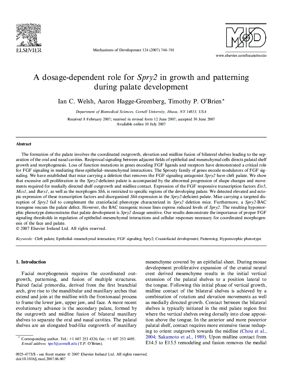 A dosage-dependent role for Spry2 in growth and patterning during palate development