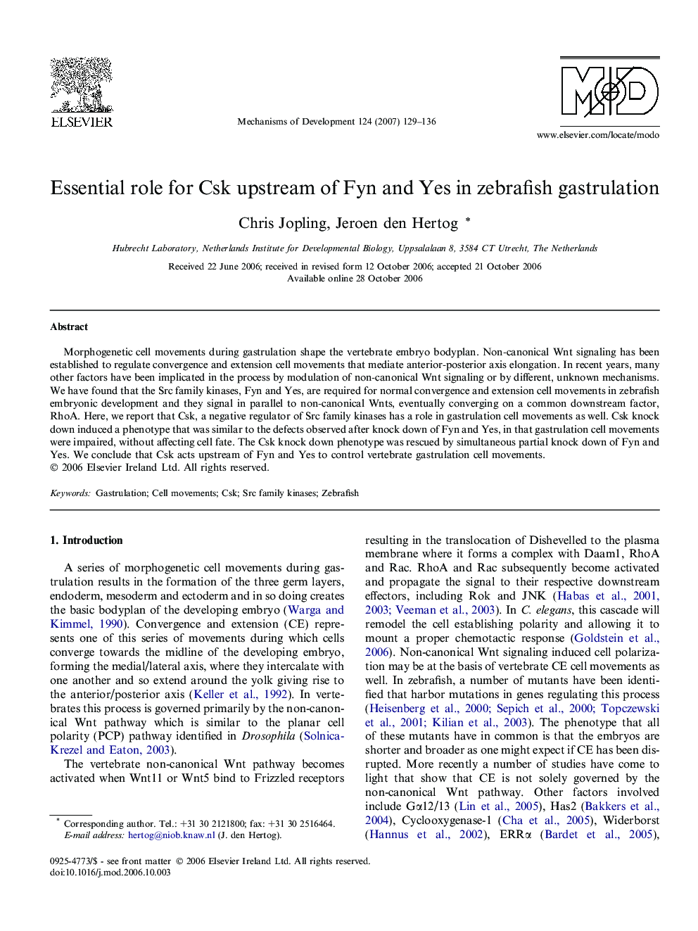 Essential role for Csk upstream of Fyn and Yes in zebrafish gastrulation