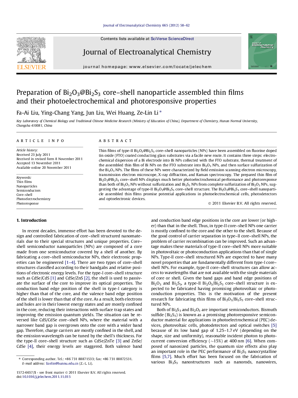 عکس صفحه اول مقاله: Preparation of Bi2O3@Bi2S3 core–shell nanoparticle assembled thin films and their photoelectrochemical and photoresponsive properties Preparation of Bi2O3@Bi2S3 core–shell nanoparticle assembled thin films and their photoelectrochemical and photoresponsive properties