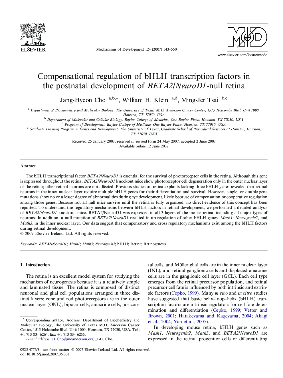 Compensational regulation of bHLH transcription factors in the postnatal development of BETA2/NeuroD1-null retina