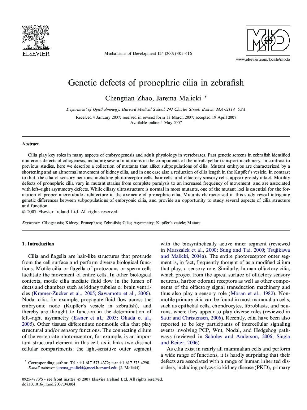 Genetic defects of pronephric cilia in zebrafish