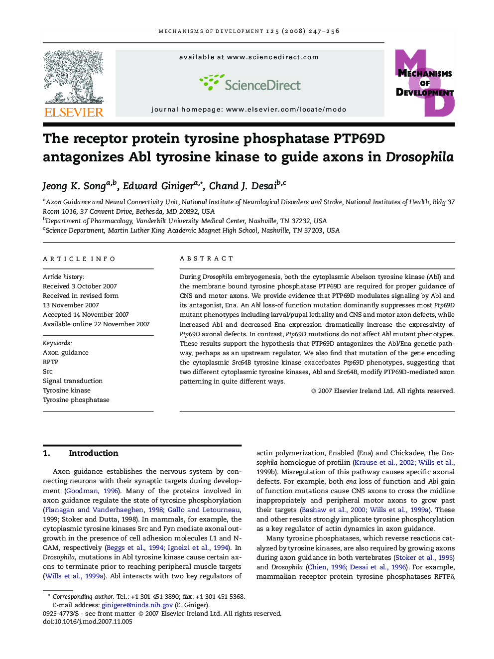 The receptor protein tyrosine phosphatase PTP69D antagonizes Abl tyrosine kinase to guide axons in Drosophila