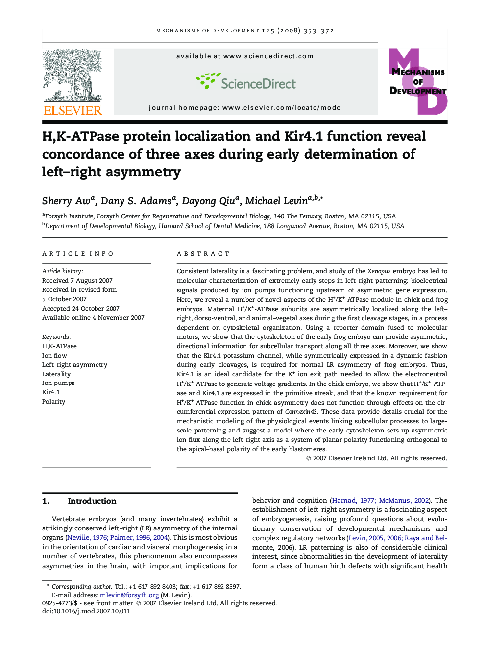 H,K-ATPase protein localization and Kir4.1 function reveal concordance of three axes during early determination of left–right asymmetry