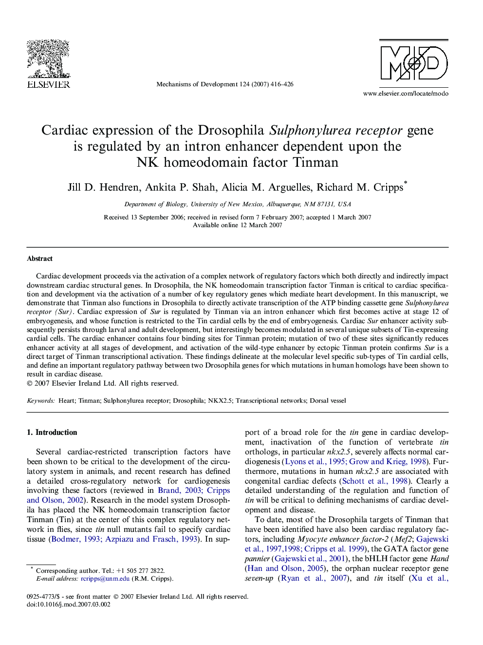 Cardiac expression of the Drosophila Sulphonylurea receptor gene is regulated by an intron enhancer dependent upon the NK homeodomain factor Tinman