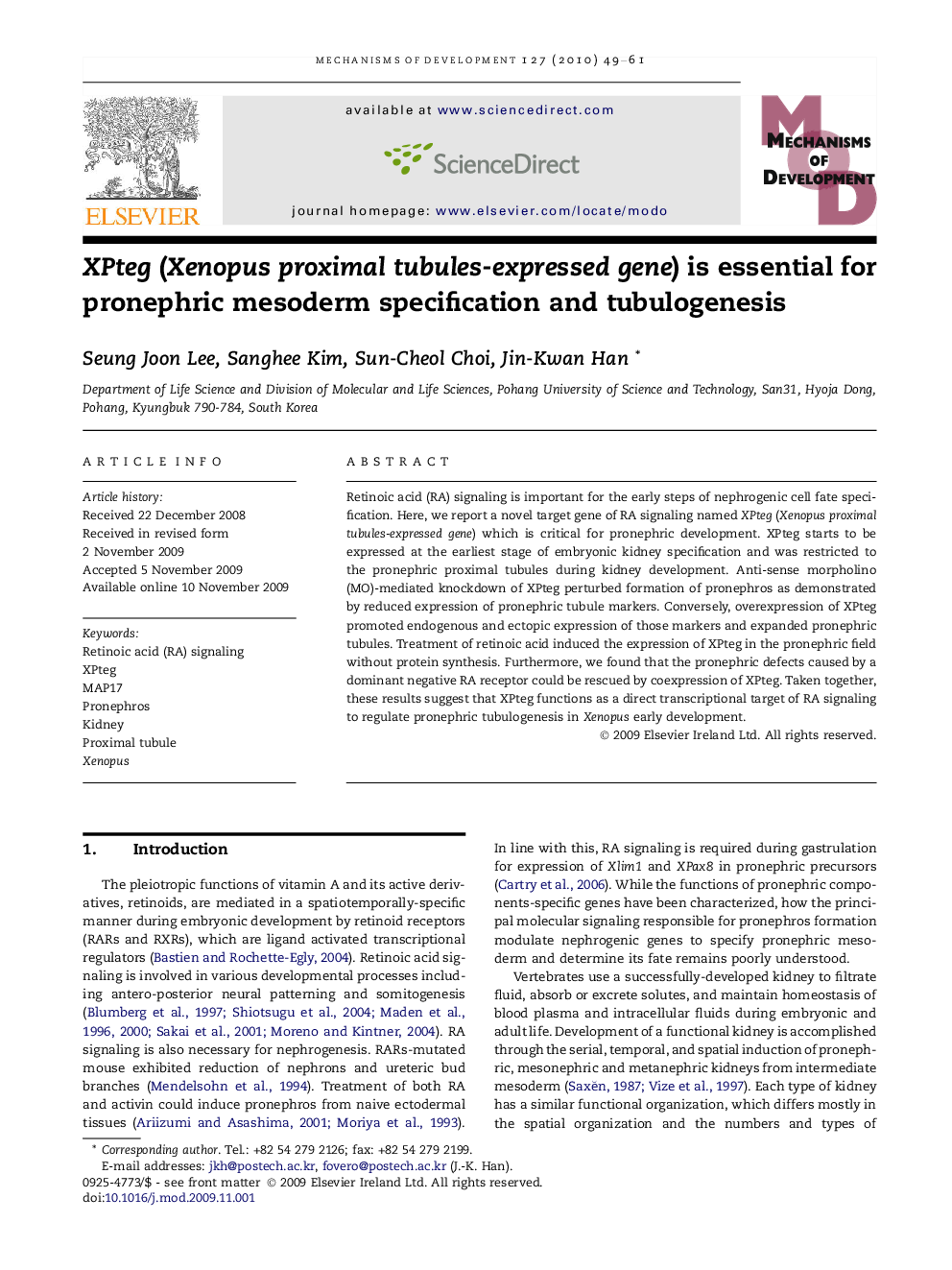 XPteg (Xenopus proximal tubules-expressed gene) is essential for pronephric mesoderm specification and tubulogenesis