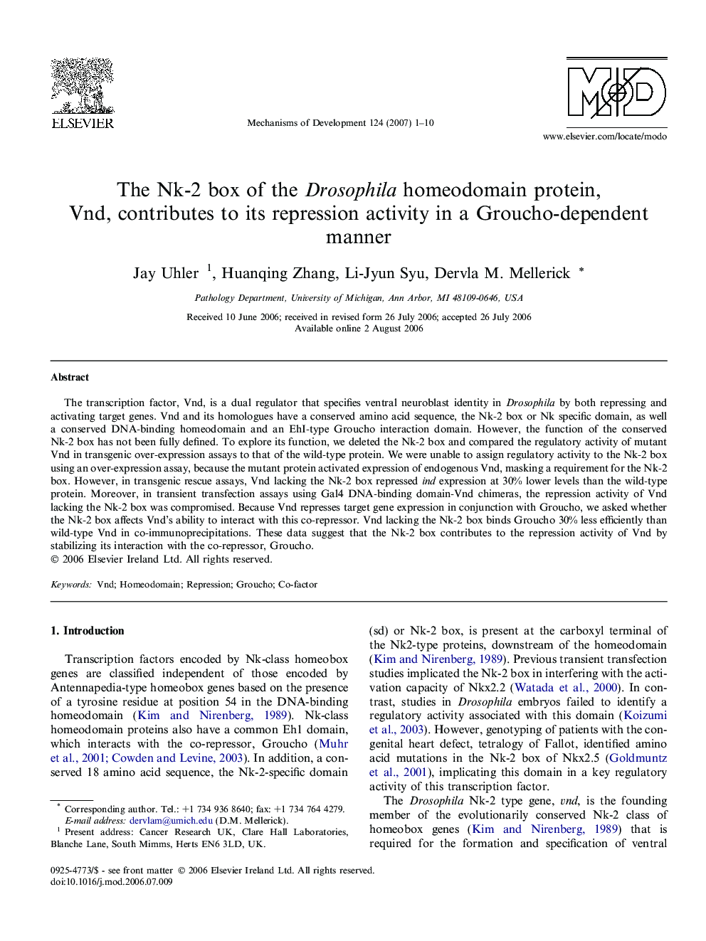 The Nk-2 box of the Drosophila homeodomain protein, Vnd, contributes to its repression activity in a Groucho-dependent manner