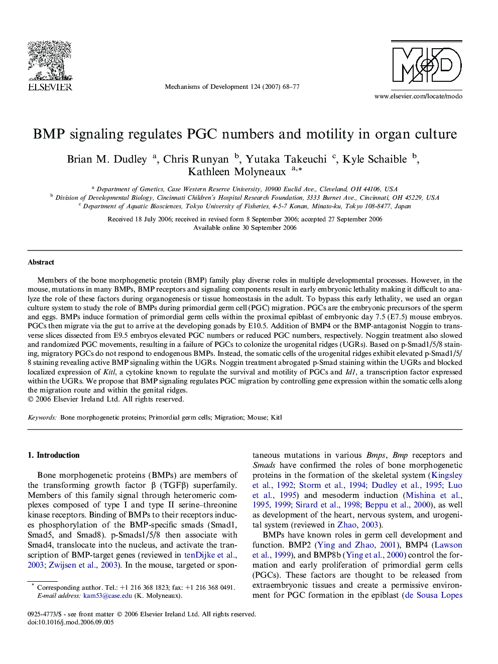 BMP signaling regulates PGC numbers and motility in organ culture