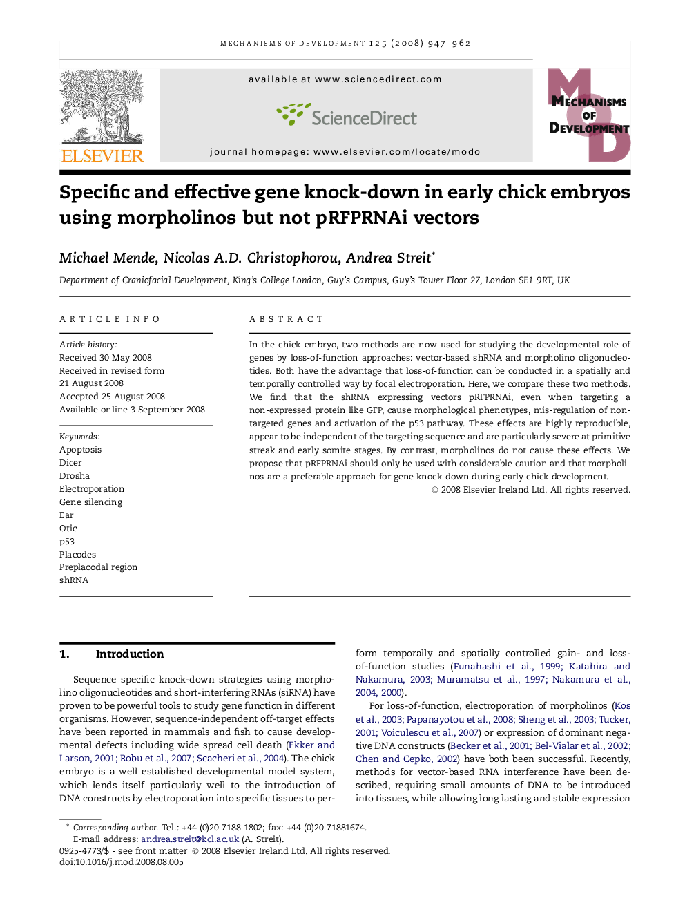 Specific and effective gene knock-down in early chick embryos using morpholinos but not pRFPRNAi vectors