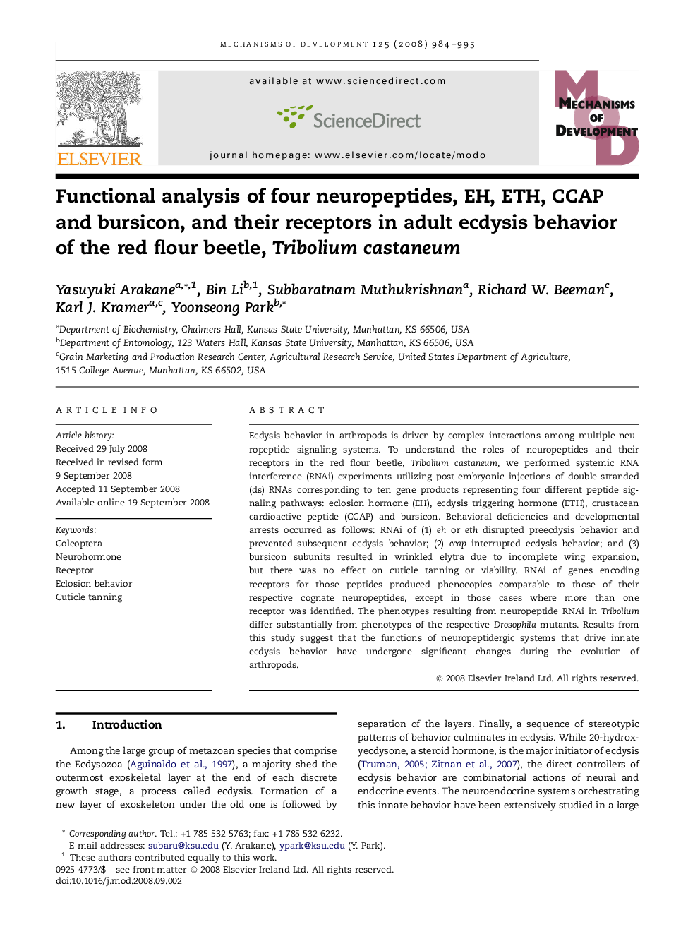 Functional analysis of four neuropeptides, EH, ETH, CCAP and bursicon, and their receptors in adult ecdysis behavior of the red flour beetle, Tribolium castaneum