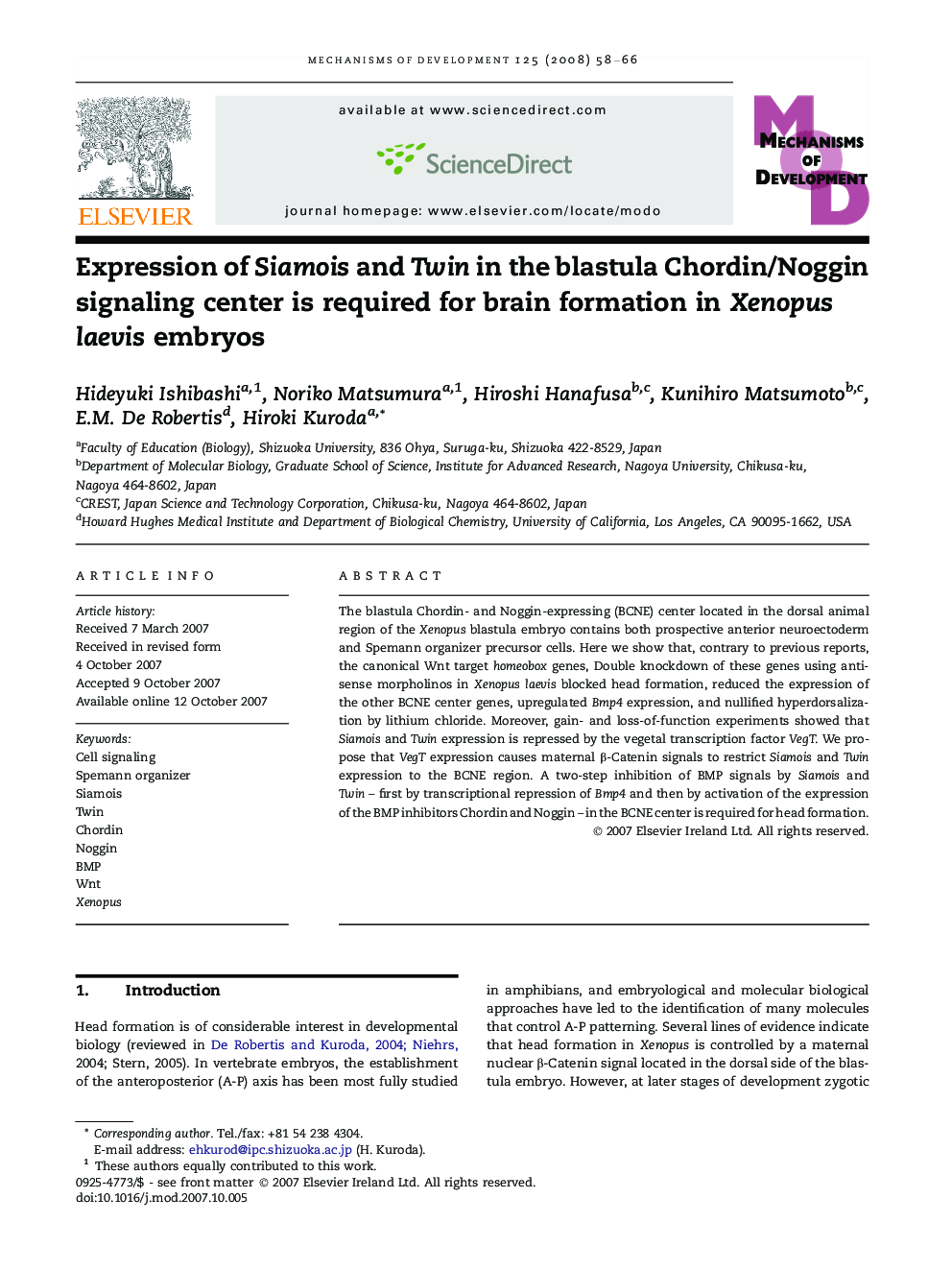 Expression of Siamois and Twin in the blastula Chordin/Noggin signaling center is required for brain formation in Xenopus laevis embryos