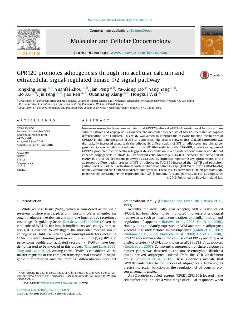 GPR120 promotes adipogenesis through intracellular calcium and extracellular signal-regulated kinase 1/2 signal pathway