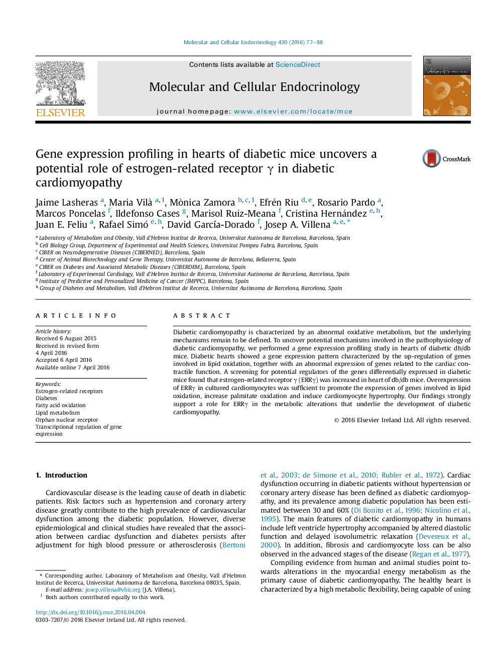 Gene expression profiling in hearts of diabetic mice uncovers a potential role of estrogen-related receptor γ in diabetic cardiomyopathy