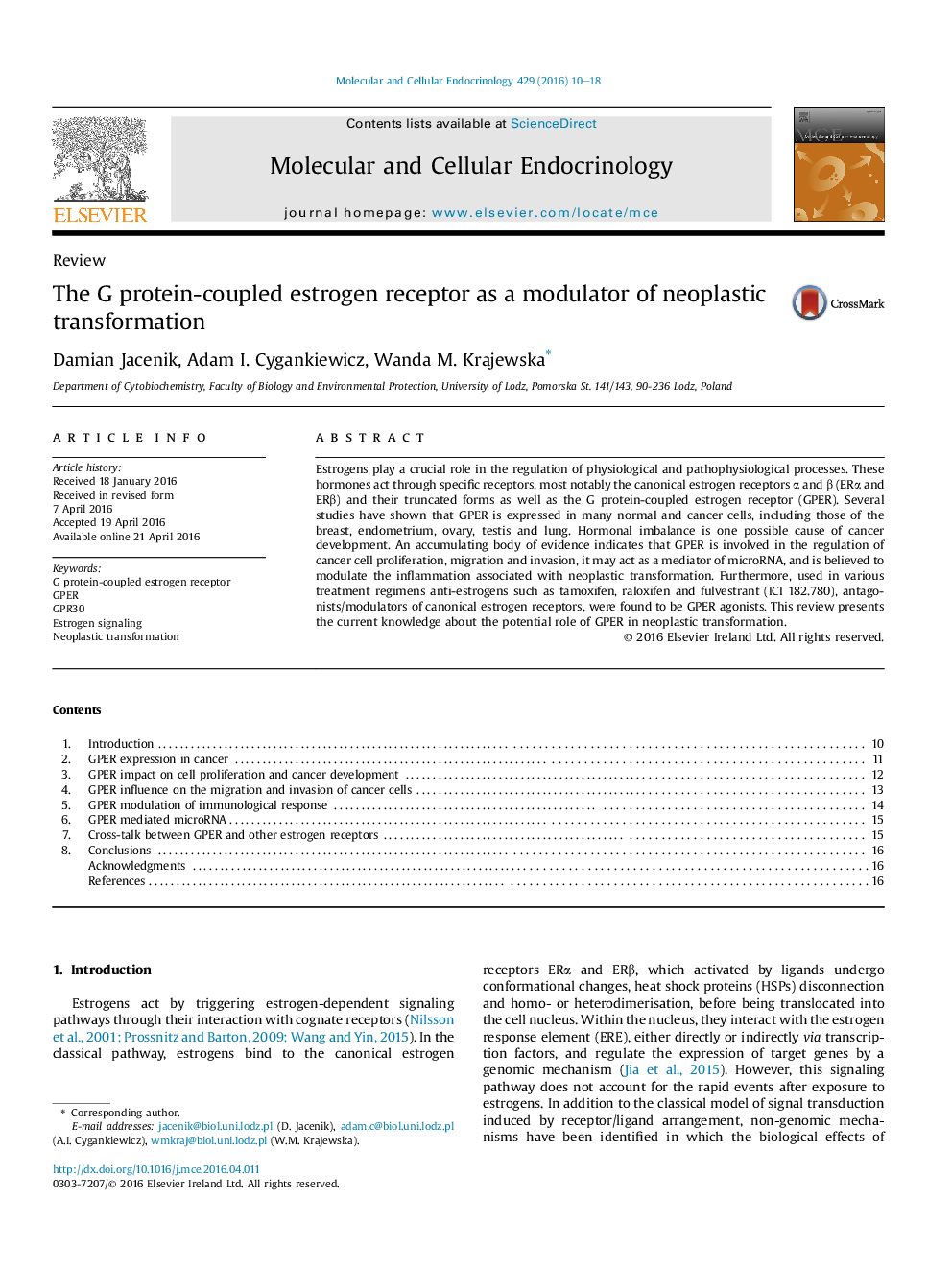 The G protein-coupled estrogen receptor as a modulator of neoplastic transformation