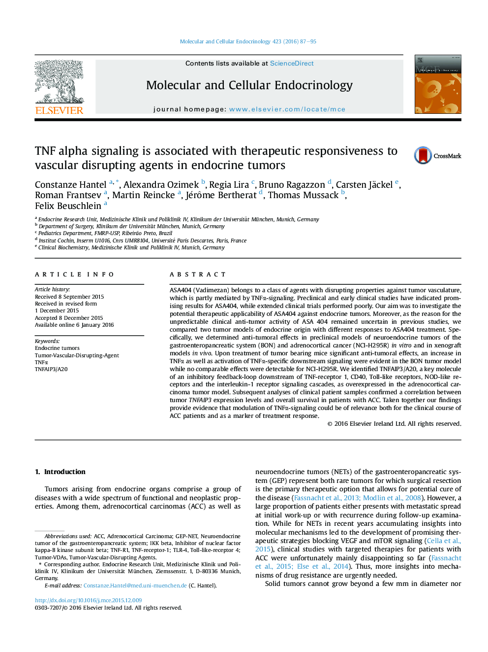 TNF alpha signaling is associated with therapeutic responsiveness to vascular disrupting agents in endocrine tumors