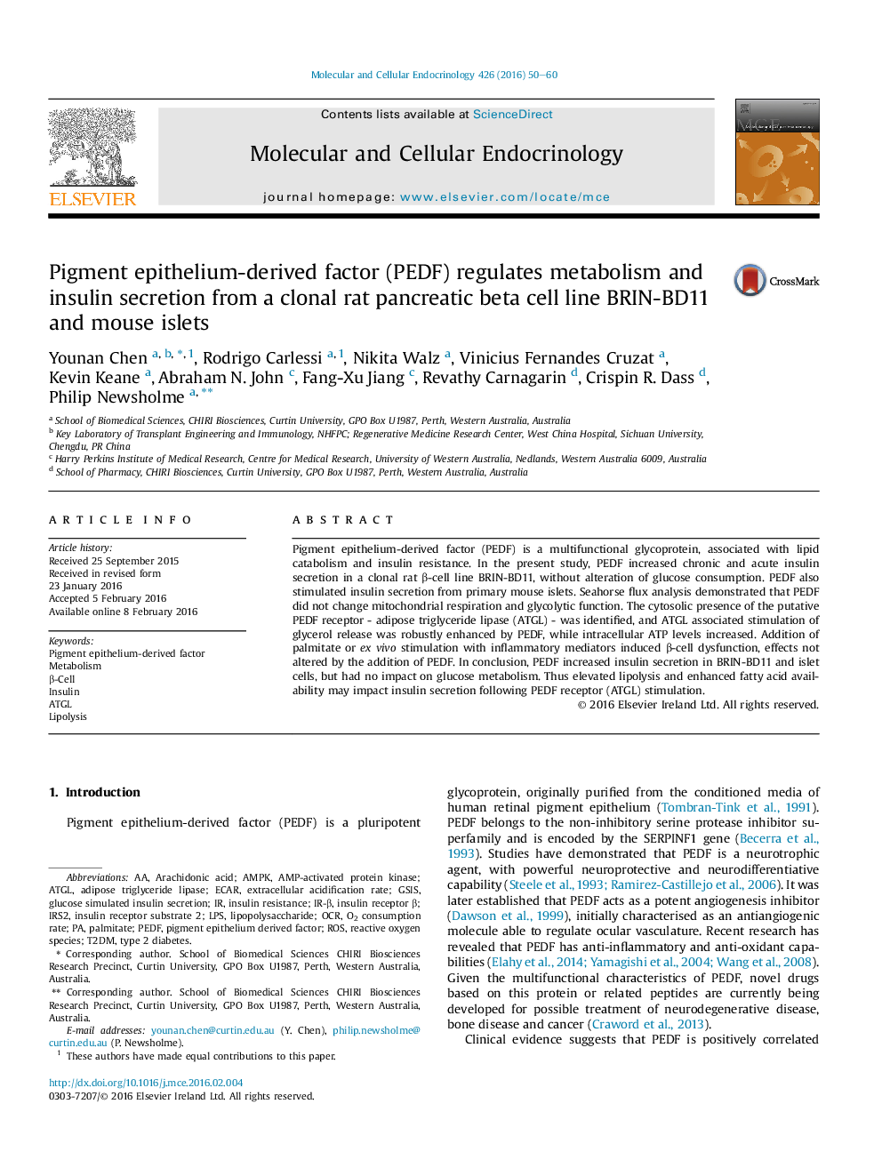 Pigment epithelium-derived factor (PEDF) regulates metabolism and insulin secretion from a clonal rat pancreatic beta cell line BRIN-BD11 and mouse islets