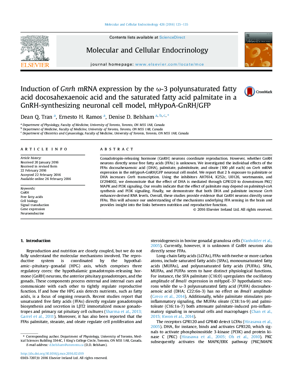 Induction of Gnrh mRNA expression by the ω-3 polyunsaturated fatty acid docosahexaenoic acid and the saturated fatty acid palmitate in a GnRH-synthesizing neuronal cell model, mHypoA-GnRH/GFP