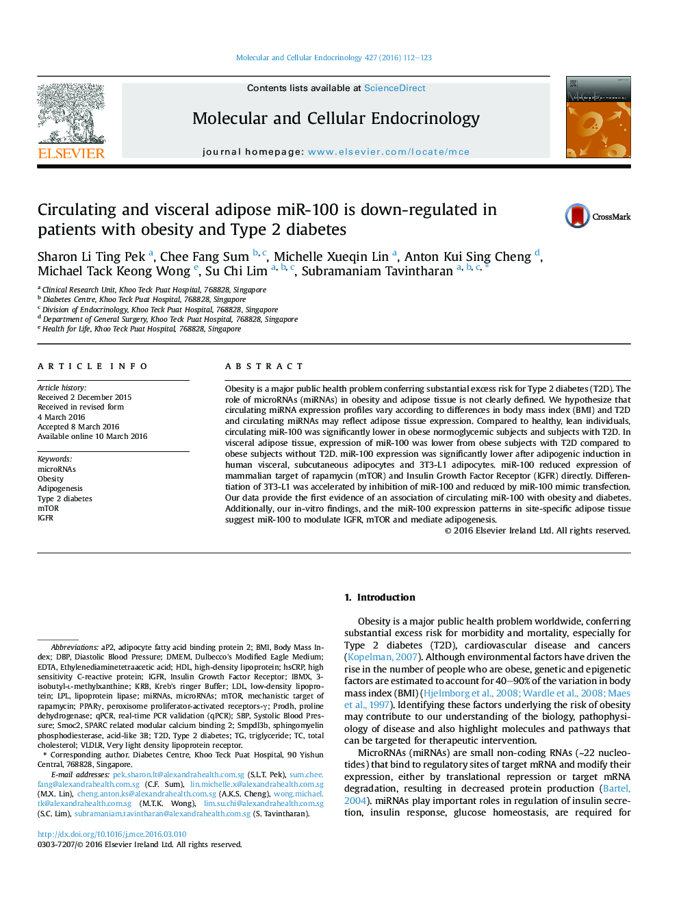 Circulating and visceral adipose miR-100 is down-regulated in patients with obesity and Type 2 diabetes