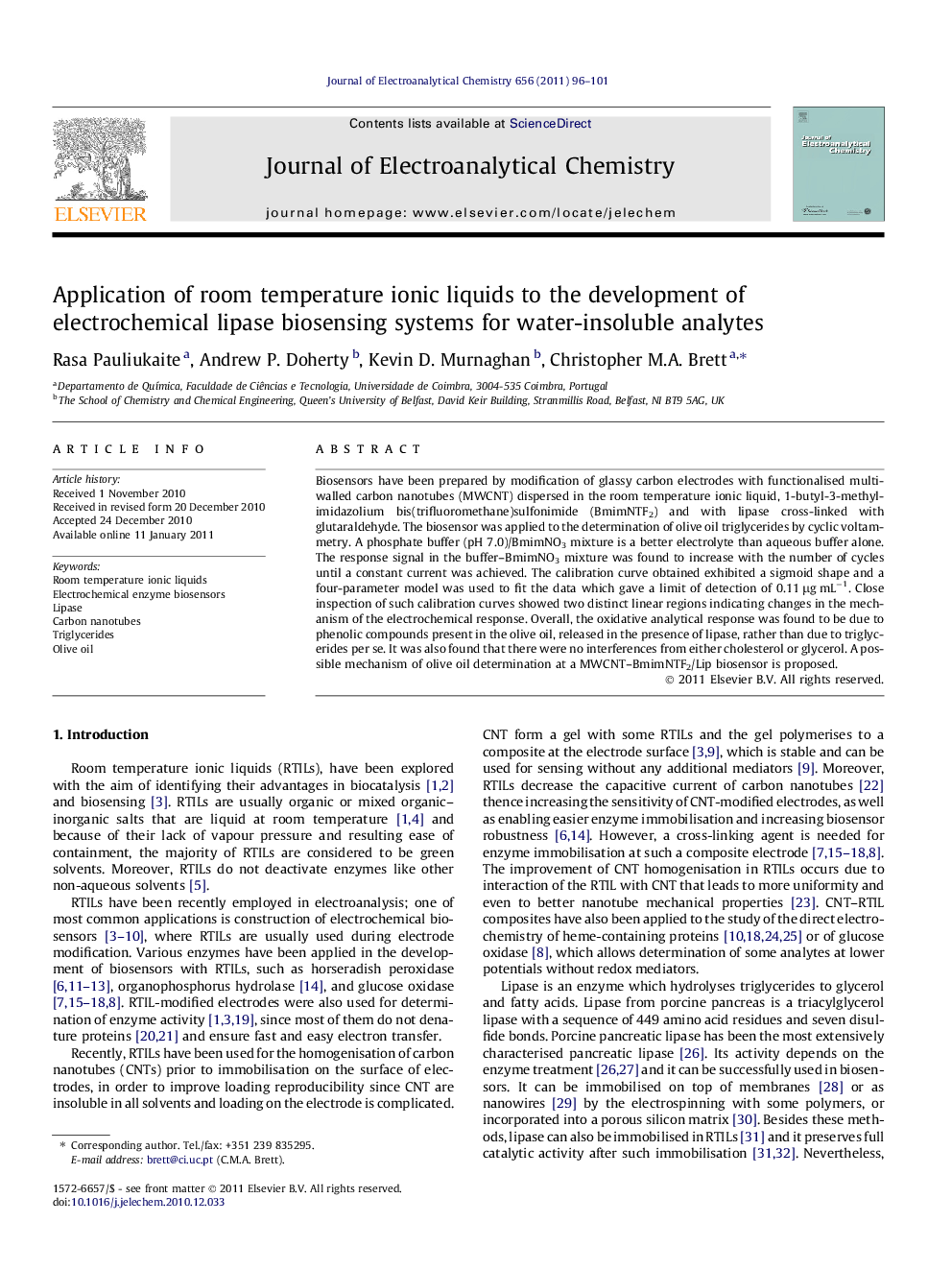 Application of room temperature ionic liquids to the development of electrochemical lipase biosensing systems for water-insoluble analytes