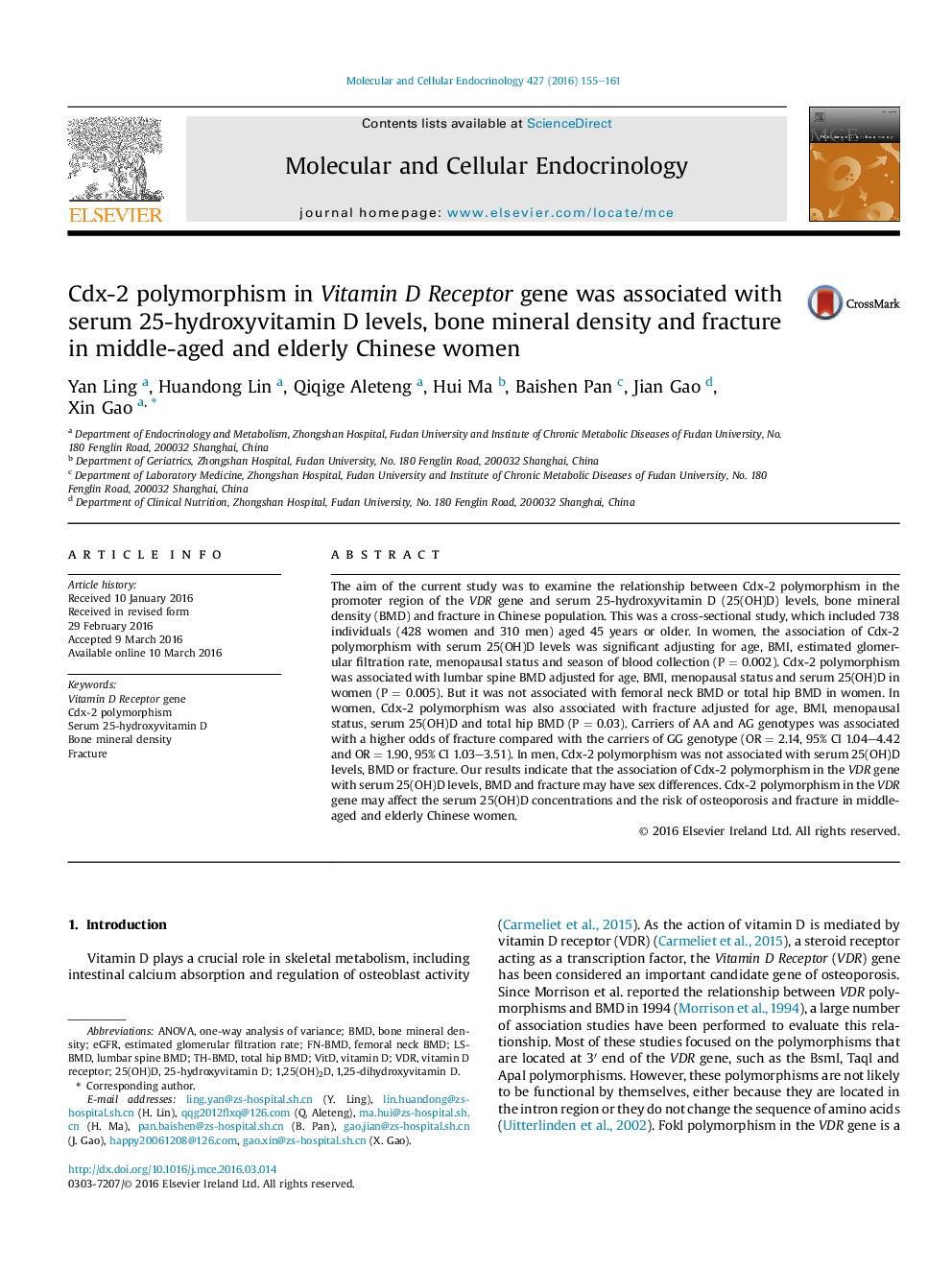 Cdx-2 polymorphism in Vitamin D Receptor gene was associated with serum 25-hydroxyvitamin D levels, bone mineral density and fracture in middle-aged and elderly Chinese women