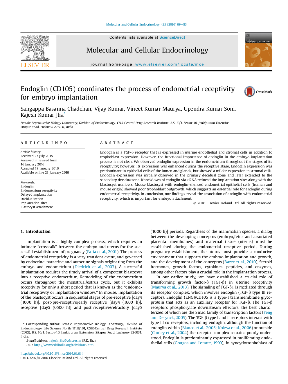 Endoglin (CD105) coordinates the process of endometrial receptivity for embryo implantation