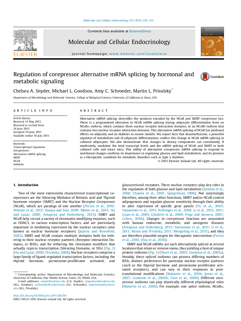 Regulation of corepressor alternative mRNA splicing by hormonal and metabolic signaling