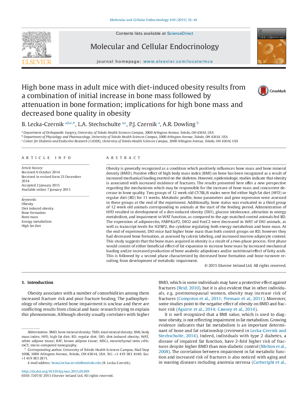 High bone mass in adult mice with diet-induced obesity results from a combination of initial increase in bone mass followed by attenuation in bone formation; implications for high bone mass and decreased bone quality in obesity