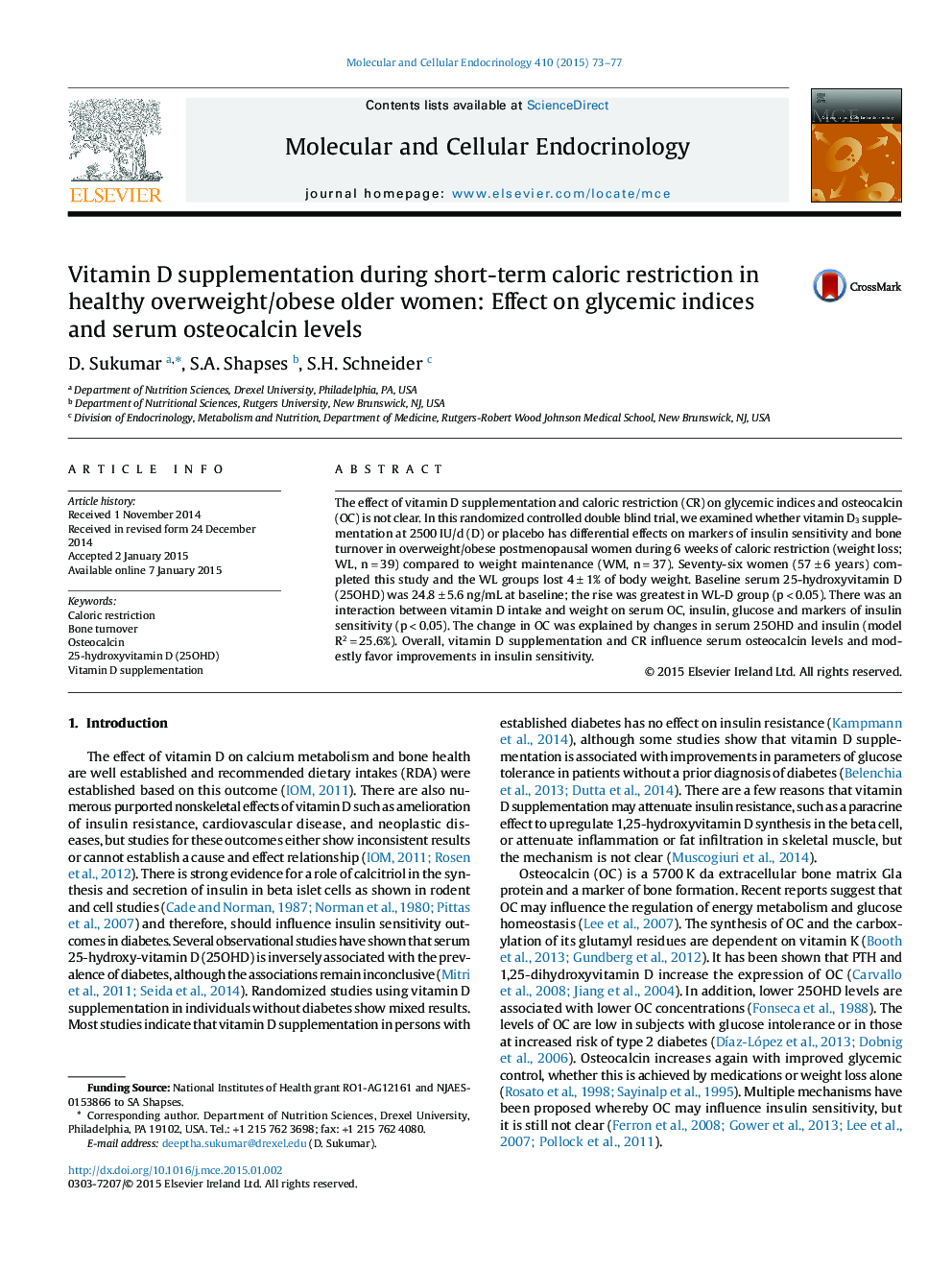 Vitamin D supplementation during short-term caloric restriction in healthy overweight/obese older women: Effect on glycemic indices and serum osteocalcin levels 