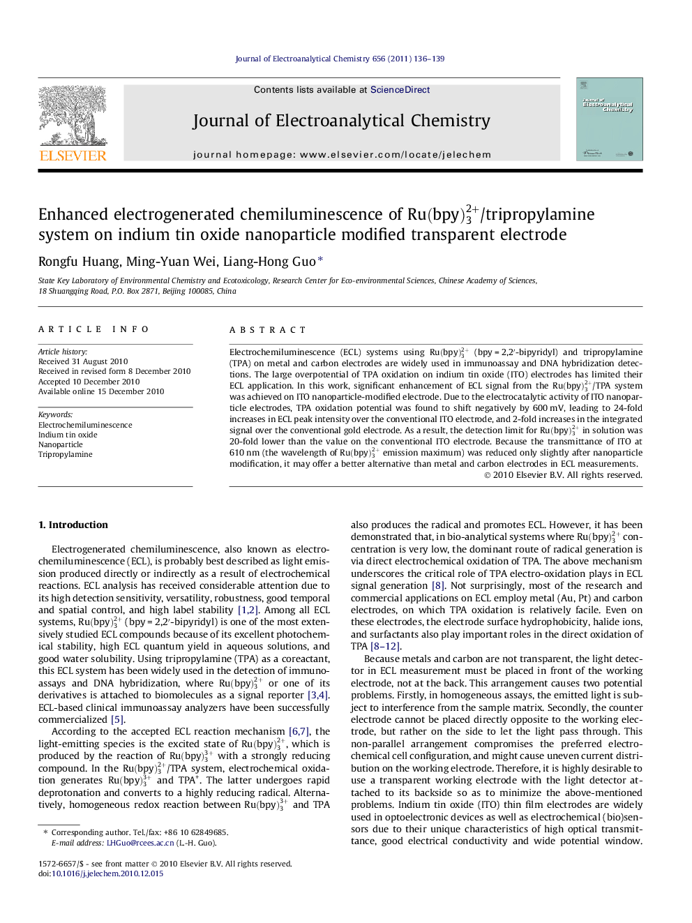 Enhanced electrogenerated chemiluminescence of Ru(bpy)32+/tripropylamine system on indium tin oxide nanoparticle modified transparent electrode