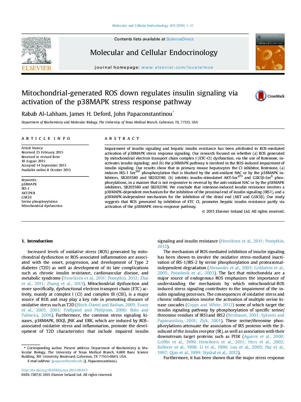 Mitochondrial-generated ROS down regulates insulin signaling via activation of the p38MAPK stress response pathway