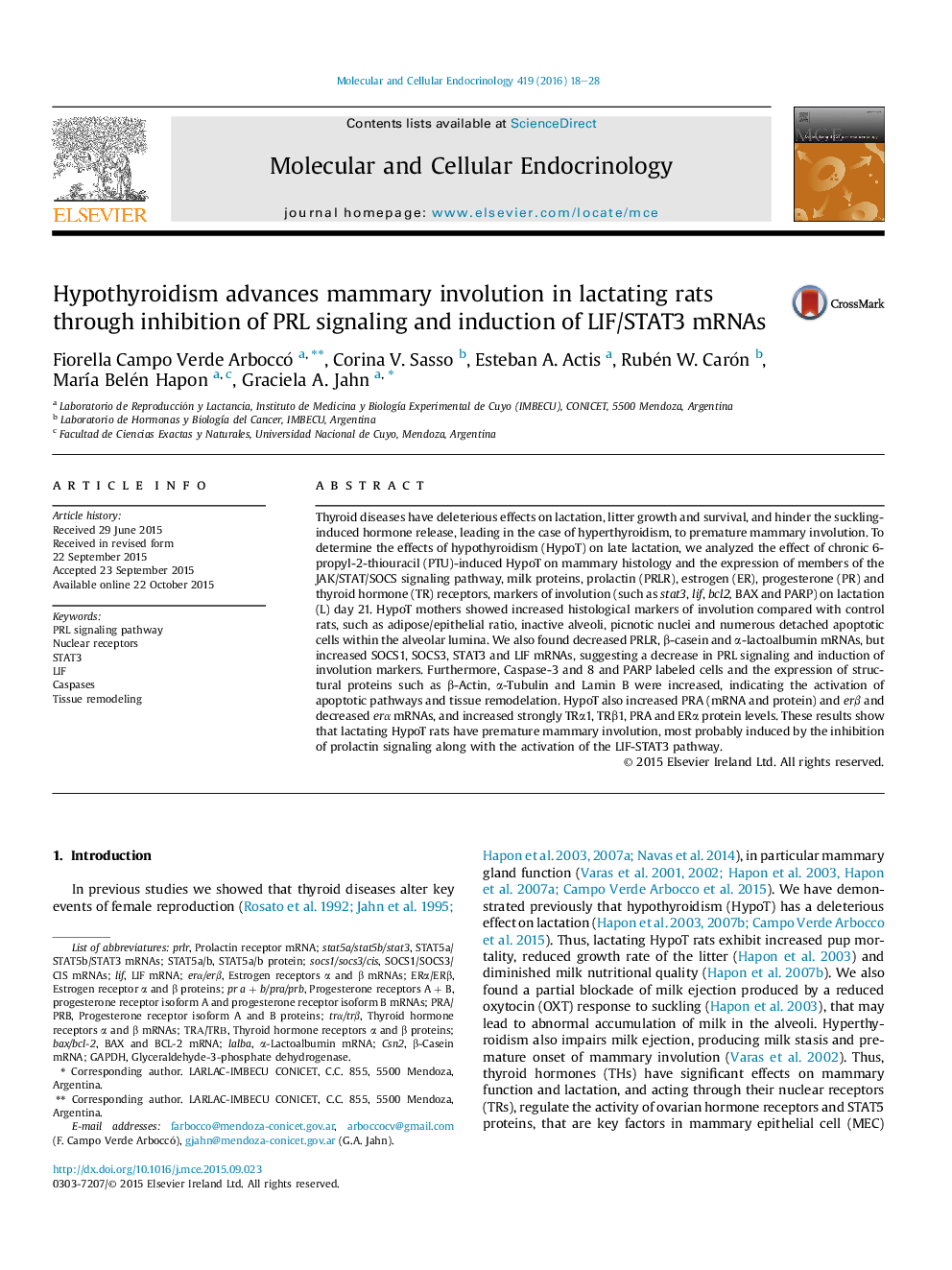 Hypothyroidism advances mammary involution in lactating rats through inhibition of PRL signaling and induction of LIF/STAT3 mRNAs