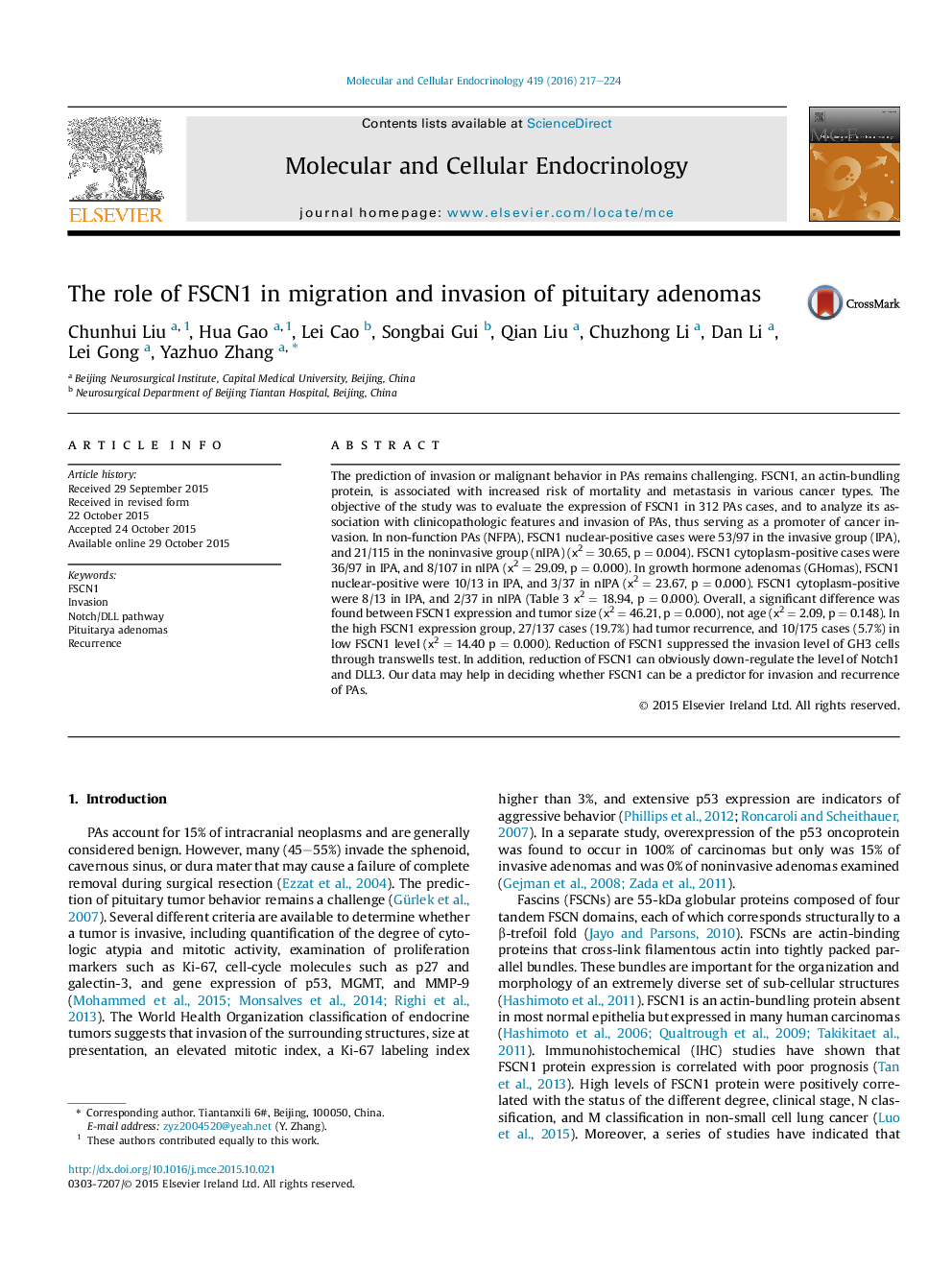 The role of FSCN1 in migration and invasion of pituitary adenomas