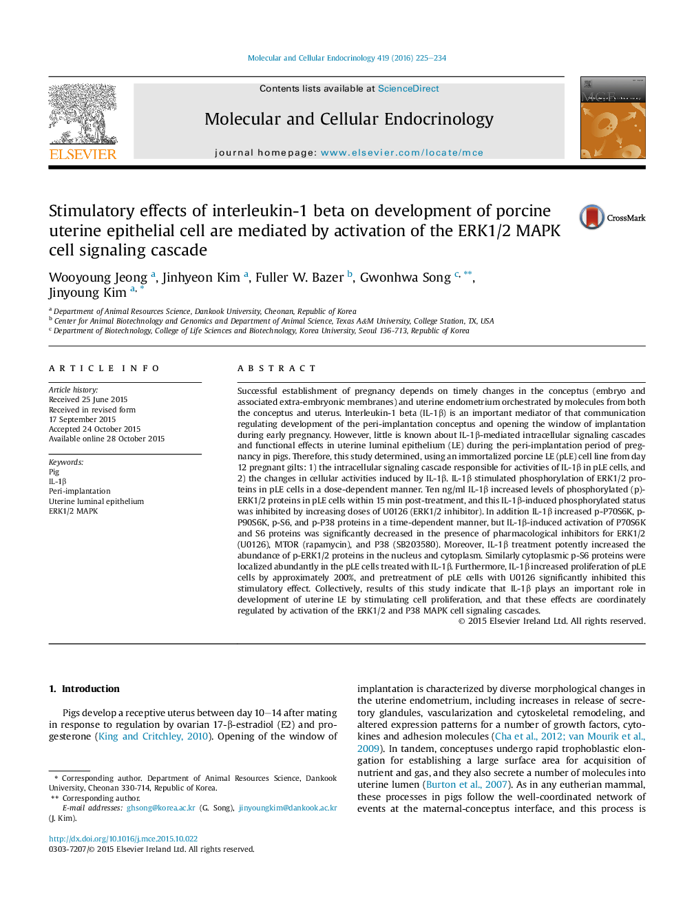 Stimulatory effects of interleukin-1 beta on development of porcine uterine epithelial cell are mediated by activation of the ERK1/2 MAPK cell signaling cascade