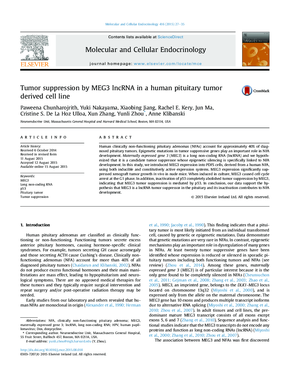 Tumor suppression by MEG3 lncRNA in a human pituitary tumor derived cell line