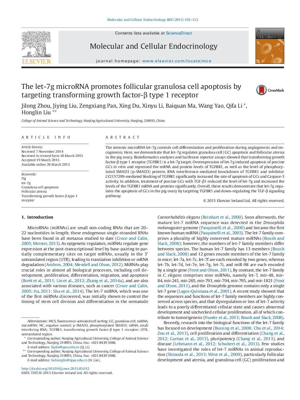 The let-7g microRNA promotes follicular granulosa cell apoptosis by targeting transforming growth factor-β type 1 receptor